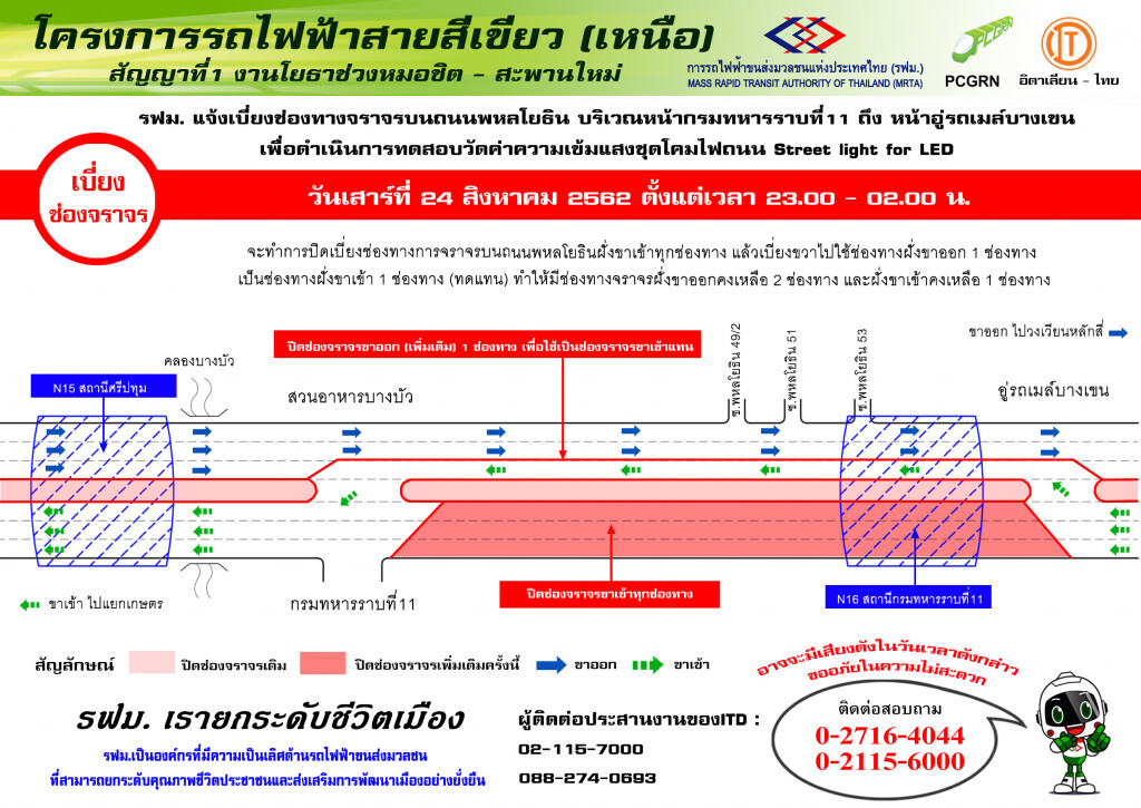 รฟม.เบี่ยงช่องทางจราจรบนถนนพหลโยธิน หน้ากรมทหารราบที่ 11 -อู่รถเมล์บางเขน