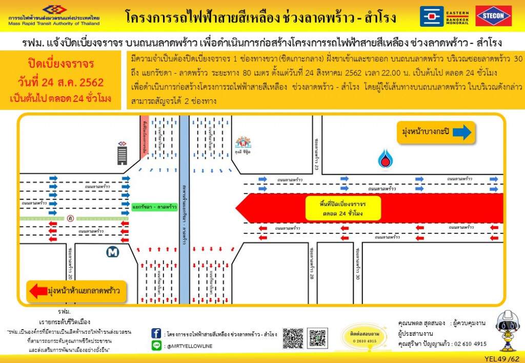 รฟม.ปิดเบี่ยงจราจรถนนลาดพร้าวชิดเกาะกลางขาเข้า-ออก ซอย 30-แยกรัชดาลาดพร้าว