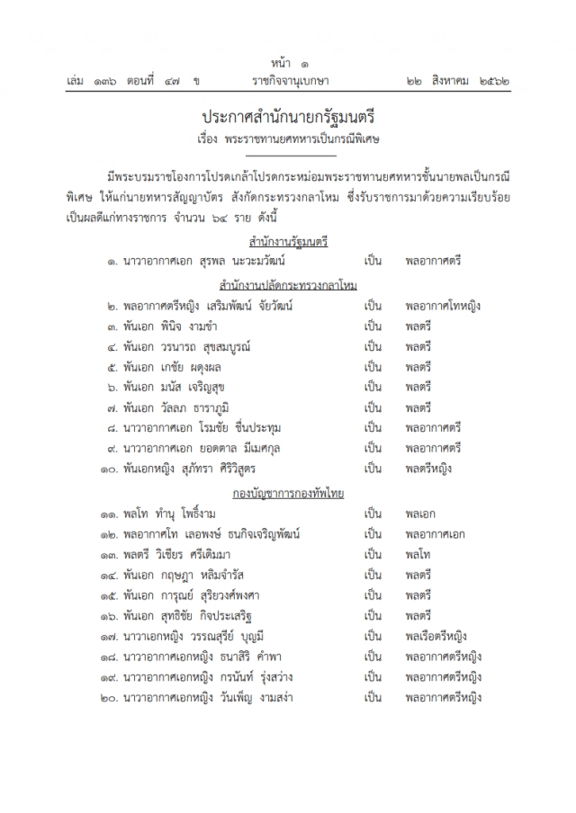 โปรดเกล้าฯ พระราชทานยศทหารชั้นนายพล เป็นกรณีพิเศษ