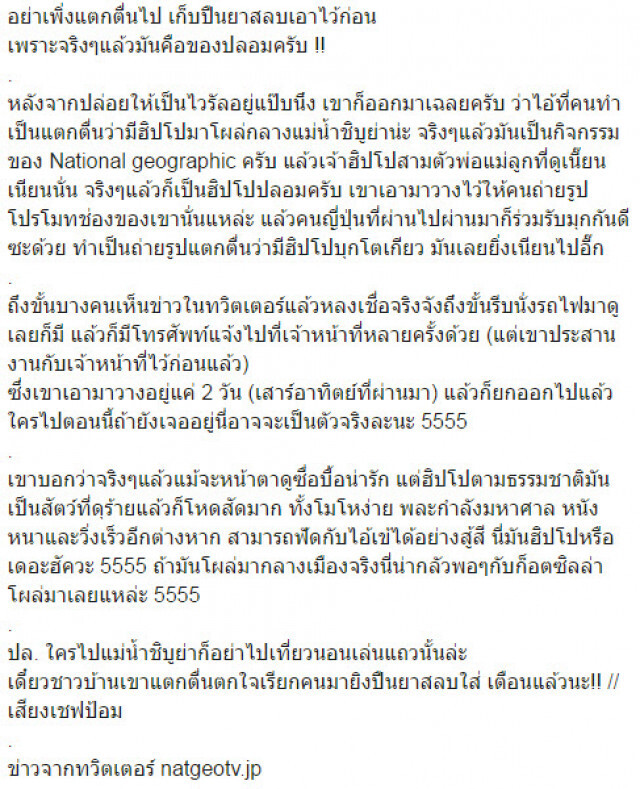 "ฮิปโป" โผล่ที่แม่น้ำชิบูย่า ที่แท้ "ของปลอม"