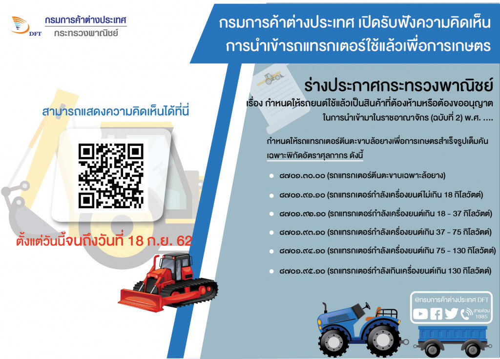 พาณิชย์เตรียมไฟเขียวนำเข้ารถแทรกเตอร์เพื่อการเกษตรมือสอง
