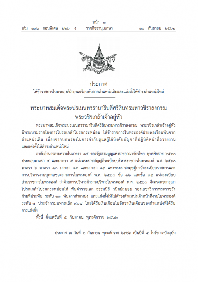 โปรดเกล้าฯ ให้ข้าราชการในพระองค์ฝ่ายพลเรือนพ้นจากตําแหน่งเดิมและแต่งตั้งให้ดํารงตําแหน่งใหม่