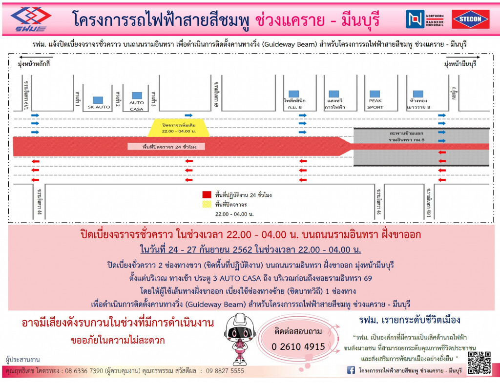 รฟม.ปิดเบี่ยงรามอินทราขาออก ทางเข้า ประตู 3 Auto Casa -ก่อนถึงรามอินทรา 69