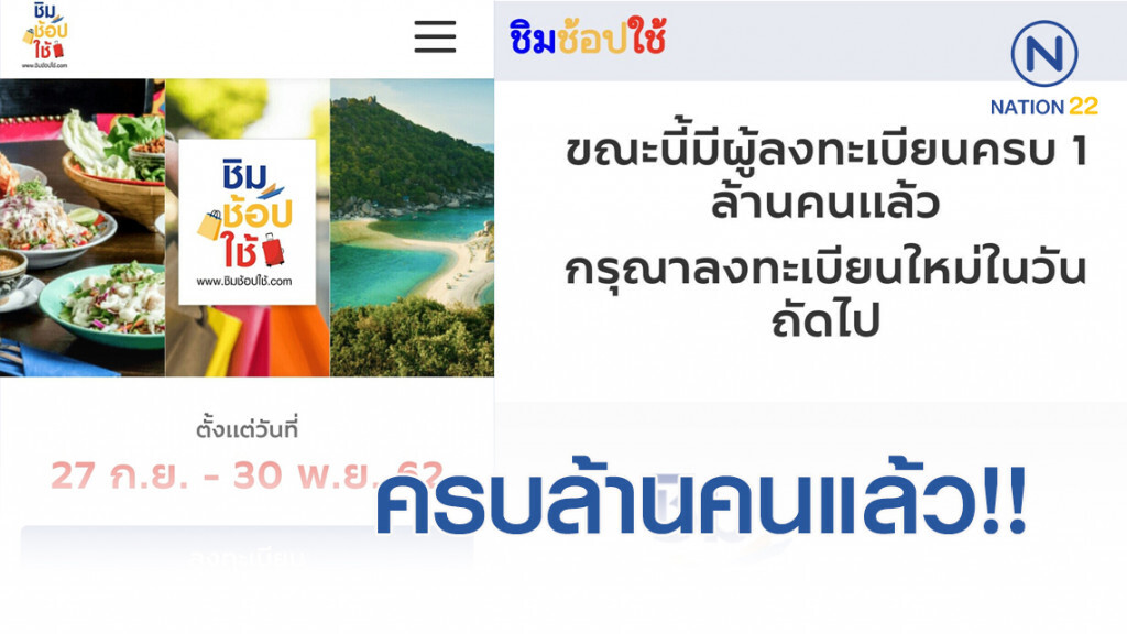 เต็มแล้ว!! ยอดลงทะเบียน "ชิม ช้อป ใช้" ครบล้านคน