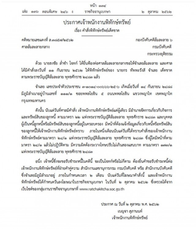 "กร ทัพพะรังสี ล้มละลาย" ศาลพิทักษ์ทรัพย์เด็ดขาด