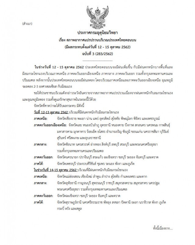 อุตุฯ ประกาศฉบับ3 สภาพอากาศแปรปรวน-ฝนตกหนัก