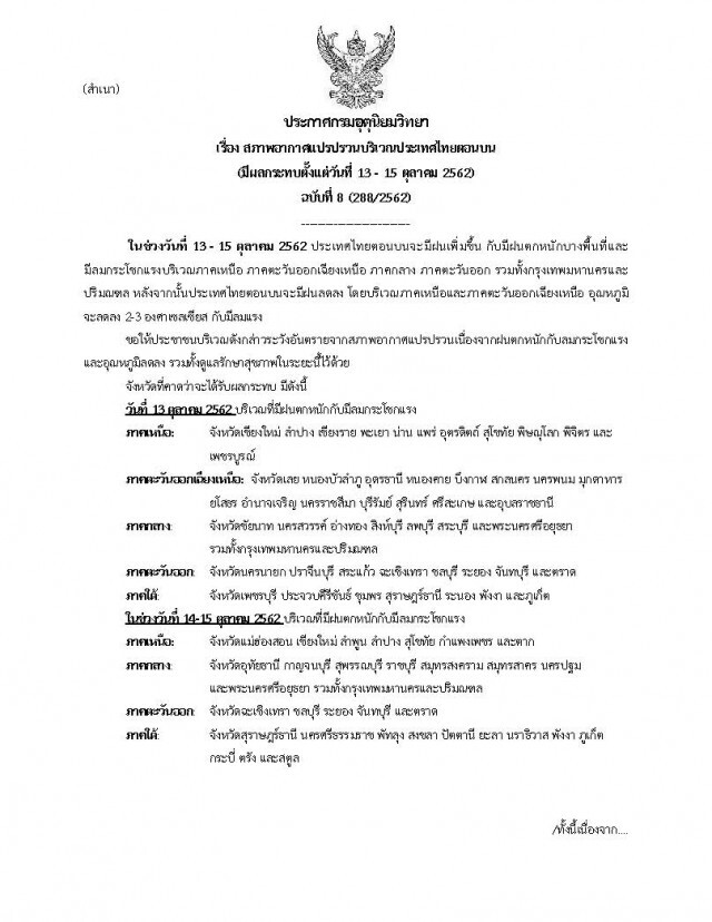 อุตุฯ ประกาศฉบับที่ 8 สภาพอากาศแปรปรวน-ฝนตกหนักลมกระโชก