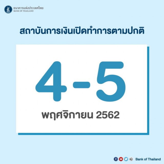 ธปท.ประกาศให้แบงก์-แบงก์รัฐ "ทำงานปกติ" ในวันที่ 4-5 พ.ย.