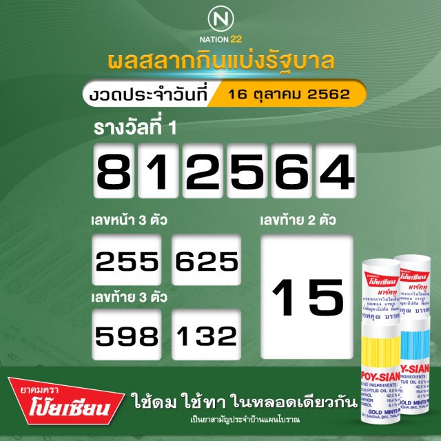 ตรวจหวย ผลสลากกินแบ่งรัฐบาล งวดประจำวันที่ 16 ตุลาคม 2562
