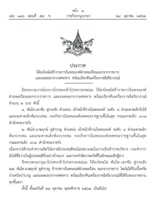 โปรดเกล้าฯ ลงโทษไล่ข้าราชการในพระองค์ 2 ราย