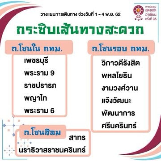 วางแผนเดินทาง ช่วงประชุมอาเซียน วันที่1 - 4 พ.ย. 62 นี้