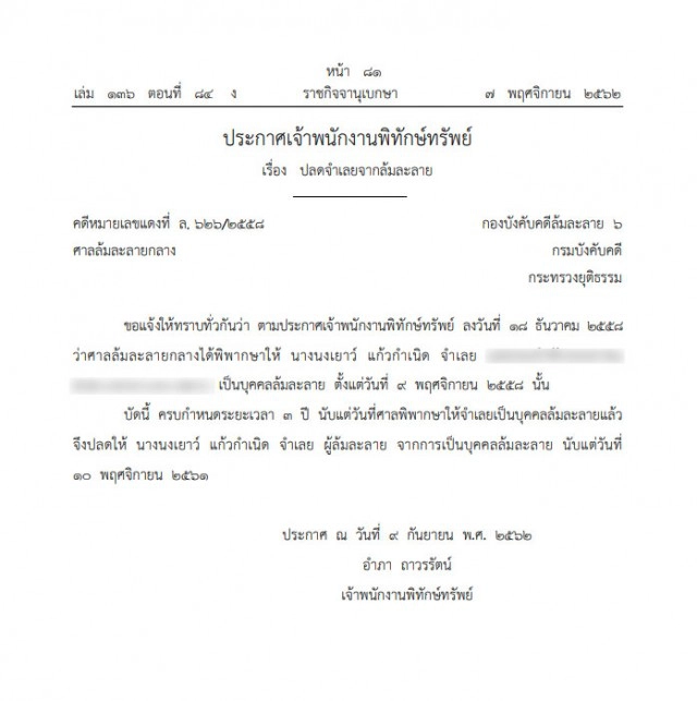 ราชกิจจาฯ ประกาศ ปลดนามสกุลดัง "แก้วกำเนิด" จากบุคคลล้มละลาย