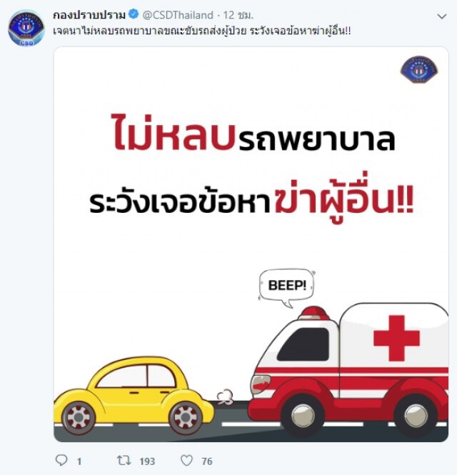 เตือน! เจตนาไม่หลบรถพยาบาล ระวังเจอข้อหาหนัก