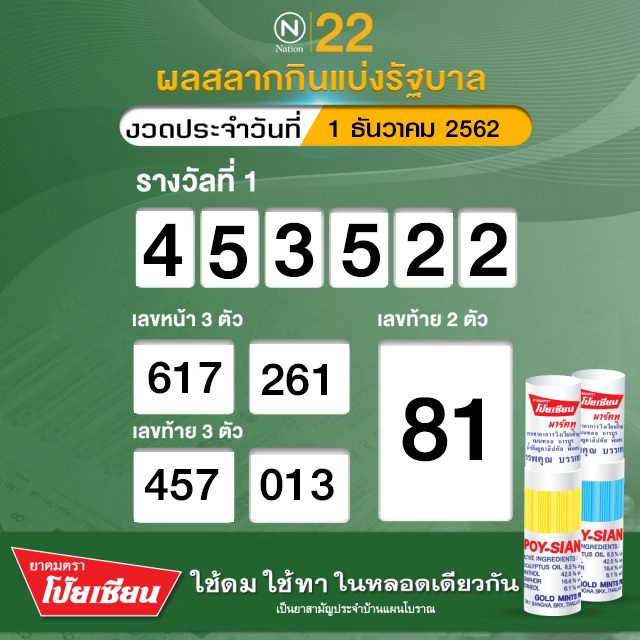 ตรวจหวย ผลสลากกินแบ่งรัฐบาล งวดประจำวันที่ 1 ธันวาคม 2562