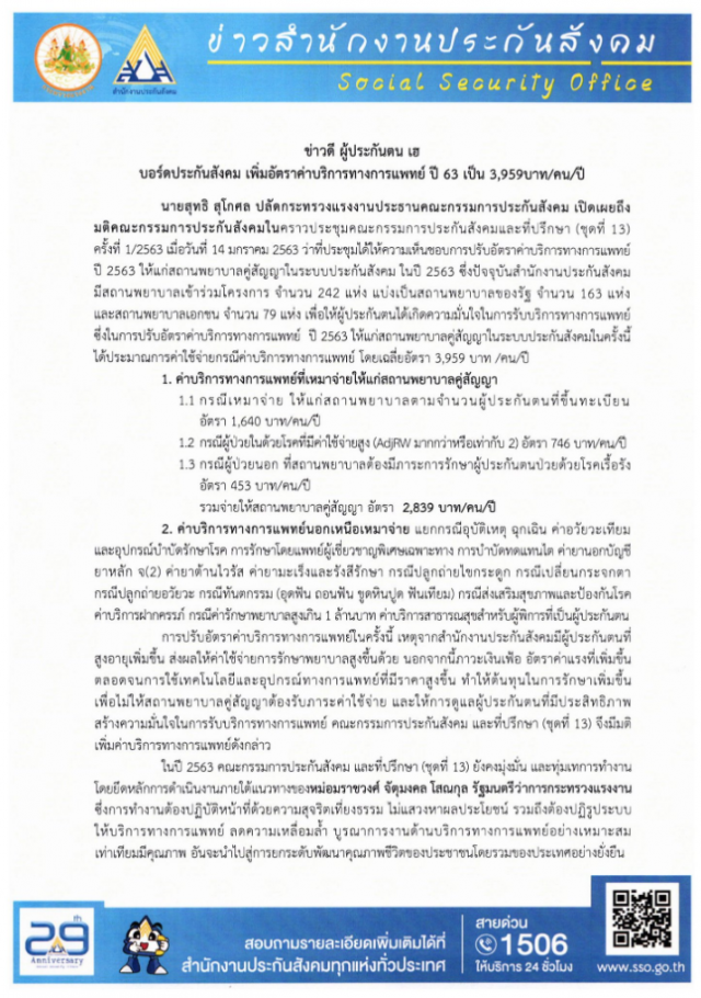 ข่าวดีผู้ประกันตน เพิ่มค่าพยาบาลปี63 เป็น 3,959บาท