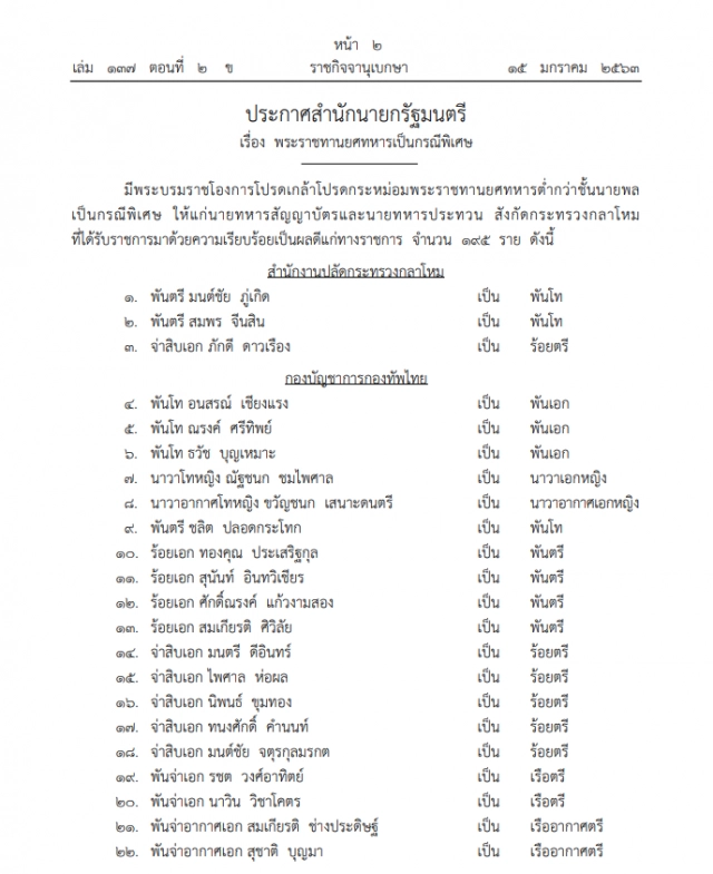 พระบรมราชโองการ โปรดเกล้าฯ พระราชทานยศทหารต่ำกว่าชั้นนายพลเป็นกรณีพิเศษ