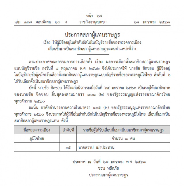 ราชกิจจาฯ ประกาศตั้ง "สวาป เผ่าประทาน" แทน "ชัย ชิดชอบ"