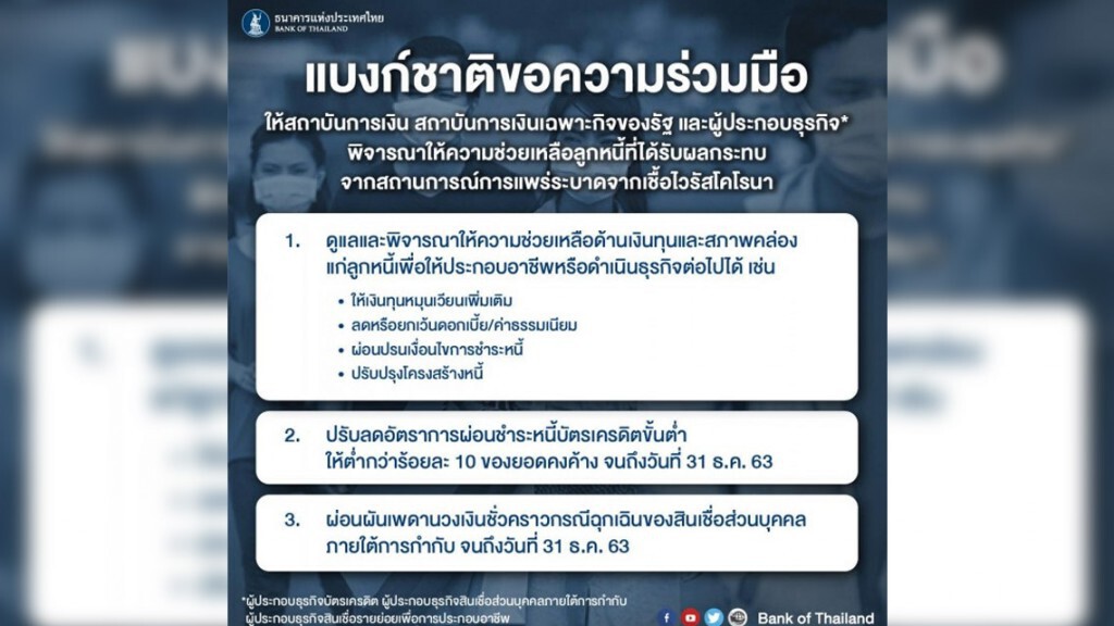 แบงก์ชาติขอสถาบันการเงินช่วยลูกหนี้กระทบไวรัสโคโรน่า