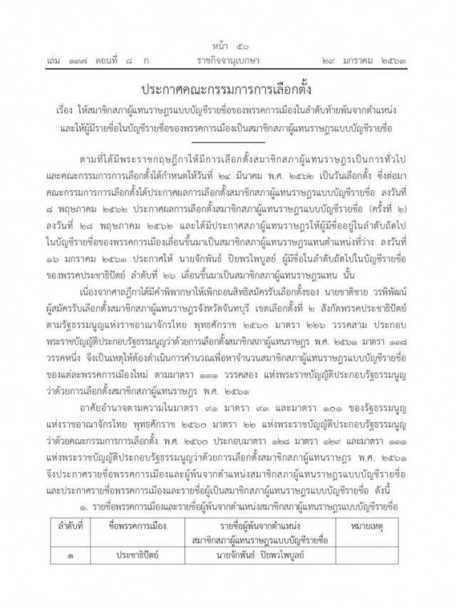 ราชกิจจาฯ ประกาศ ส.ส. พรรคประชาธิปัตย์  พ้นจากตำแหน่ง