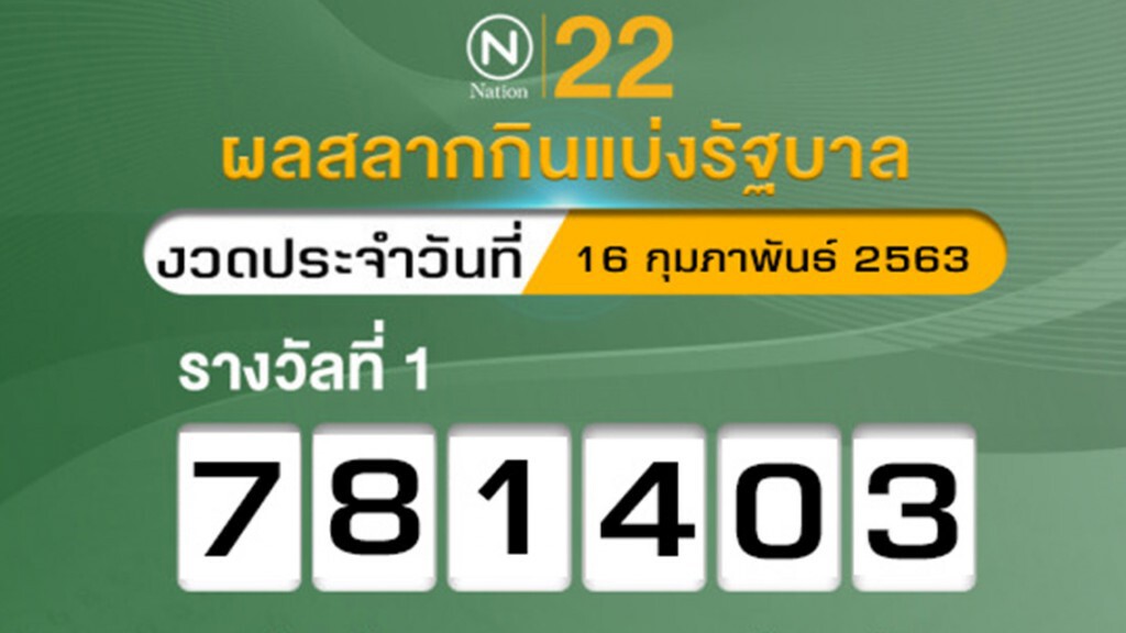 ผลสลากกินแบ่งรัฐบาล งวดประจำวันที่ 16 กุมภาพันธ์ 2563 รางวัลที่ 1 : 781403