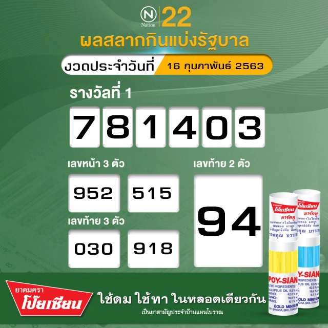 ตรวจหวย ผลสลากกินแบ่งรัฐบาล งวดประจำวันที่ 16 กุมภาพันธ์ 2563