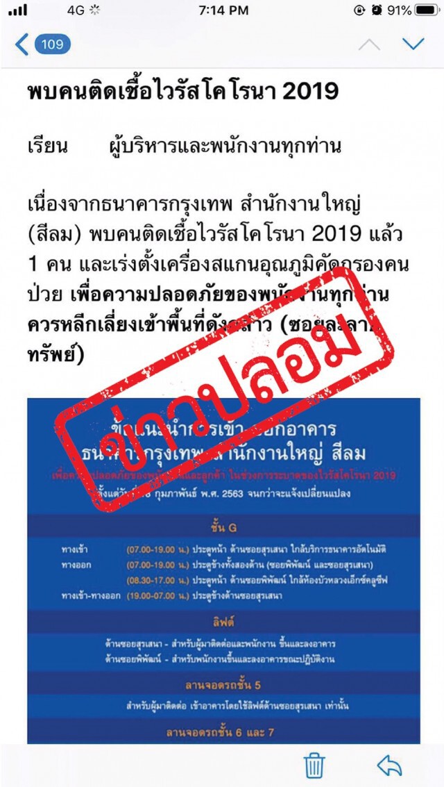 เตือนภัย! ข่าวปลอม อย่าหลงเชื่อ "ข่าวพนักงานธนาคารดังติดเชื้อไวรัสโคโรน่า 2019"
