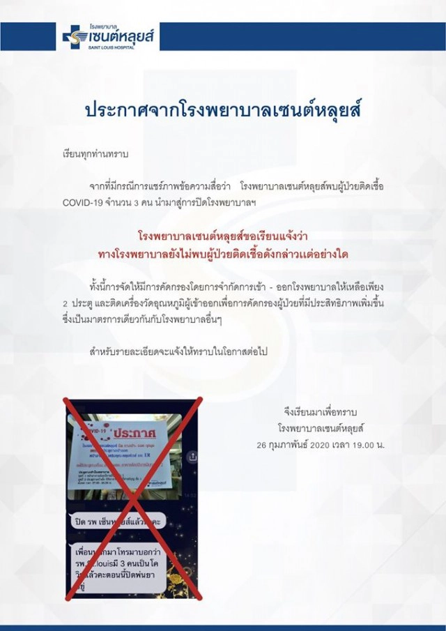 รพ.เซนต์หลุยส์ ยันไม่พบผู้ป่วย โควิด-19