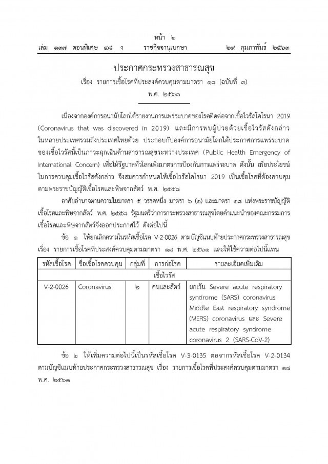ราชกิจจาฯ ประกาศกระทรวงสาธารณสุข ให้"โควิด -19" โรคติดต่ออันตราย มีผลบังคับใช้พรุ่งนี้