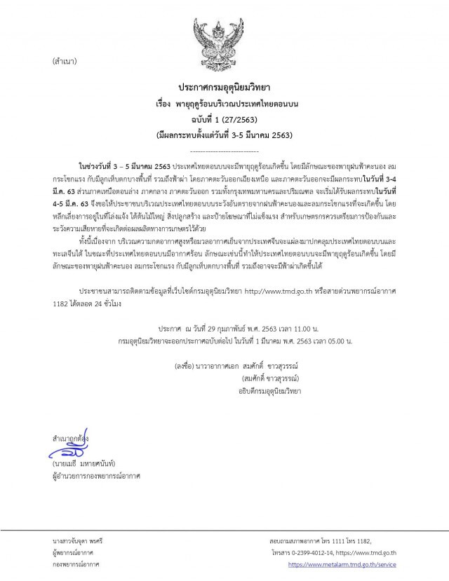 อุตุฯ เตือนคนไทย ฉบับ 1 รับมือ"พายุฤดูร้อน" กระทบ 3-5 มีนาคม