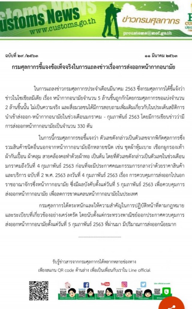 กรมศุลฯ ยันไม่จริง!! ส่งออกหน้ากากอนามัย 330 ตัน