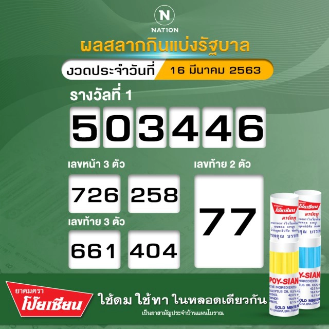 ตรวจผลสลากกินแบ่งรัฐบาล งวดประจำวันที่ 16 มีนาคม 2563