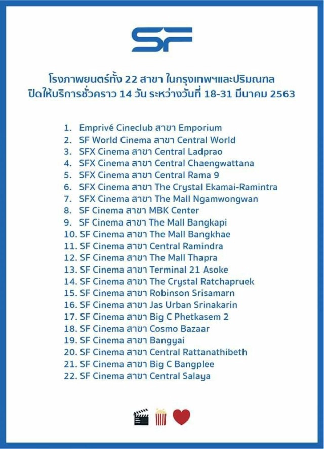 SF Cinema ประกาศปิดโรงหนัง ยับยั้งเชื้อโควิดแพร่กระจาย