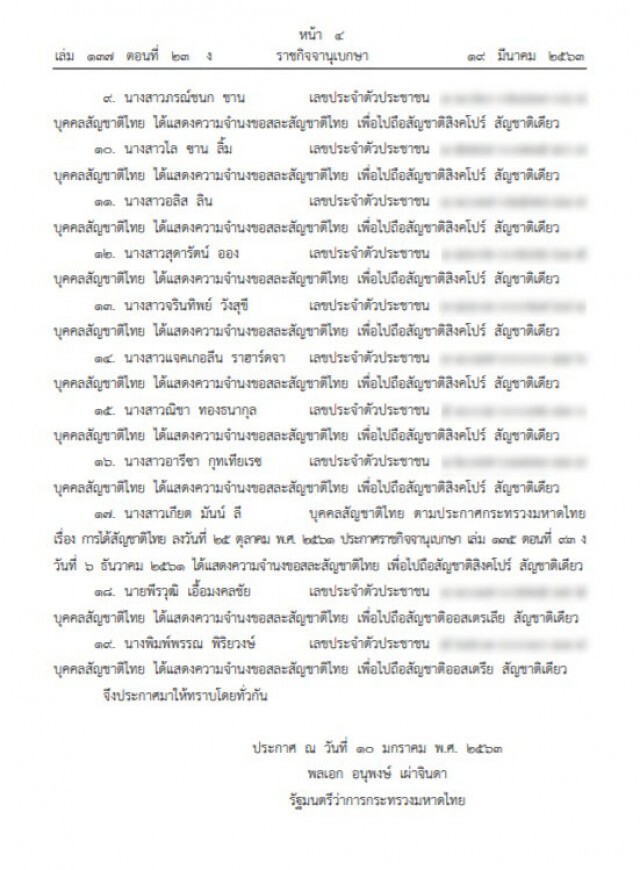 ราชกิจจาฯ ประกาศมหาดไทย อนุญาตให้บุคคล ๑๙ ราย สละสัญชาติไทย