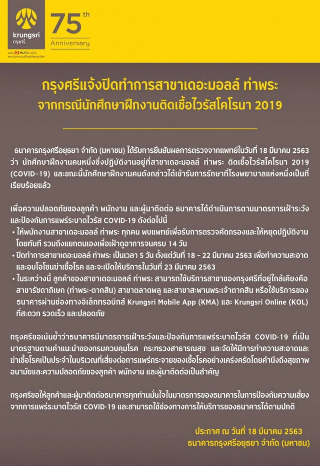 แบงก์กรุงศรีฯ ปิดสาขาเดอะมอลล์ ท่าพระ หลังพบนักศึกษาฝึกงานติดเชื้อโควิด-19