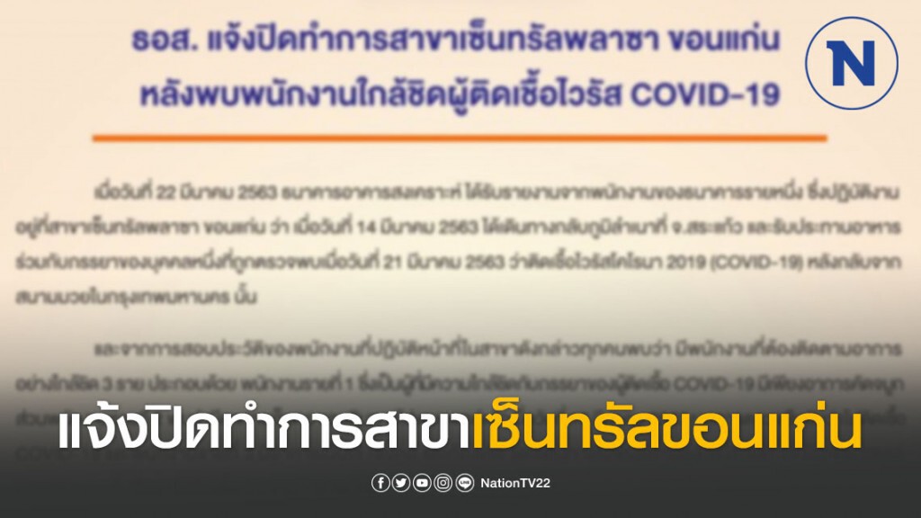ธอส. แจ้งปิดทำการสาขาเซ็นทรัลขอนแก่น หลังพบพนักงานใกล้ชิดผู้ป่วย "โควิด-19"