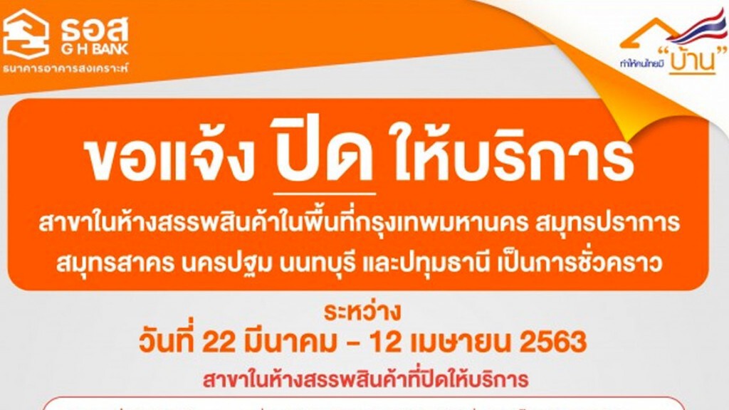 ธอส.ปิดให้บริการสาขาในห้าง 37 สาขาชั่วคราว ธอส.ปิดให้บริการสาขาในห้าง 37 สาขาชั่วคราว