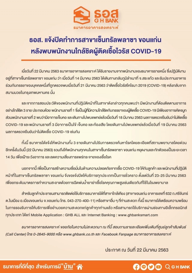 ธอส. แจ้งปิดทำการสาขาเซ็นทรัลขอนแก่น หลังพบพนักงานใกล้ชิดผู้ป่วย "โควิด-19"