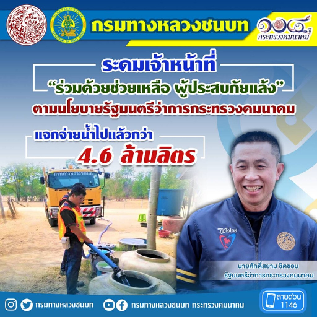 ทางหลวงชนบทแจกจ่ายน้ำช่วยภัยแล้งแล้ว 4.68 ล้านลิตร
