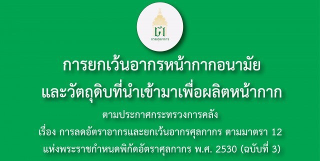 คลังออกประกาศยกเว้นอากรหน้ากากอนามัยและวัตถุดิบนำเข้าเพื่อผลิต