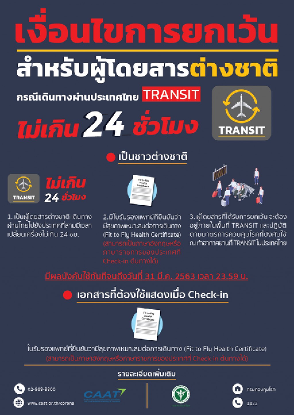 ผู้โดยสารต่างชาติ Transit ไม่เกิน 24 ชม.ใช้ Fit to Fly ใบเดียว