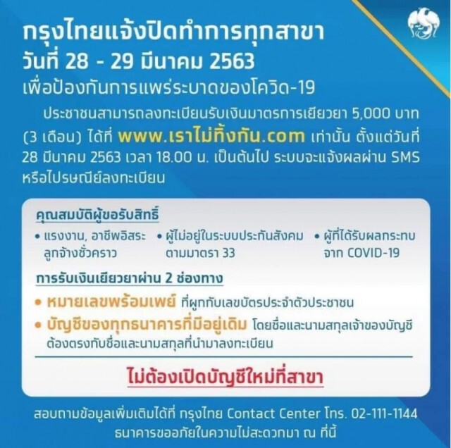 แบงก์แห่สั่งปิด เลี่ยงการแพร่เชื้อโควิด - 19