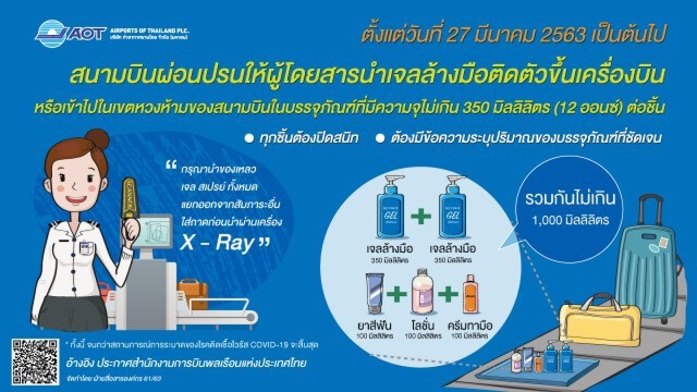 ทอท.ให้นำเจลล้างมือติดตัวขึ้นเครื่องได้ไม่เกิน 350 มิลลิลิตร