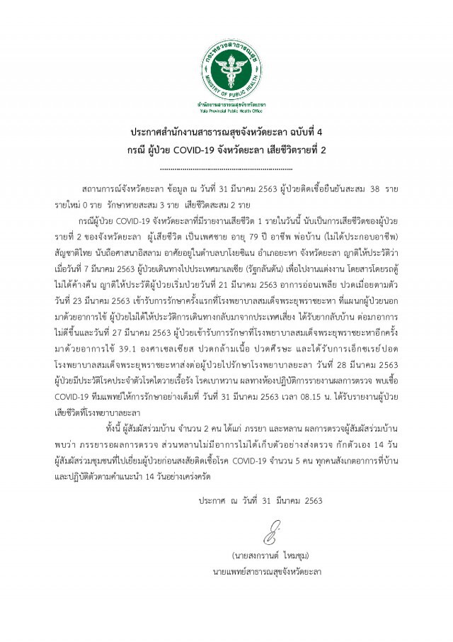 "สธ.ยะลา" ยืนยัน มีผู้เสียชีวิต จาก "โควิด-19" รายที่ 2 ของจังหวัด