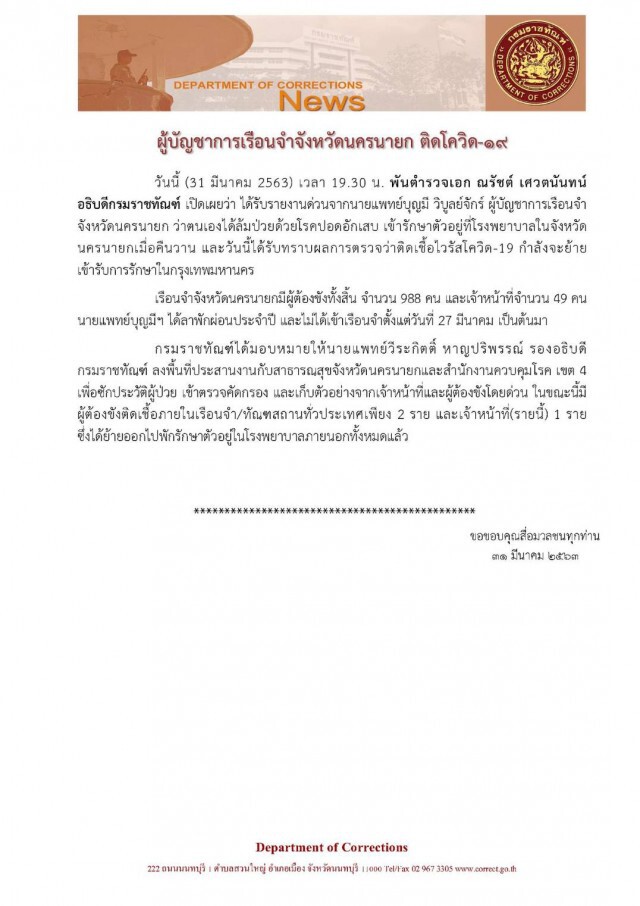 กรมราชทัณฑ์ ประกาศ! ผู้บัญชาการเรือนจำนครนายก ติดเชื้อโควิด-19