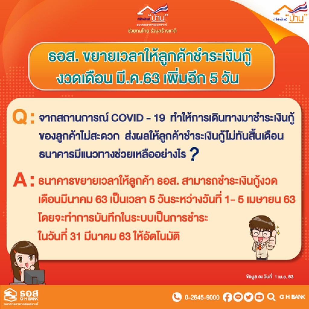 ธอส. ขยายเวลาชำระเงินกู้ งวด มี.ค.เพิ่มอีก 5 วัน ธอส. ขยายเวลาชำระเงินกู้ งวด มี.ค.เพิ่มอีก 5 วัน