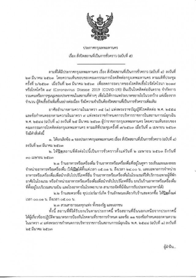 กทม.สั่งปิดเพิ่ม! ร้านโชว์ห่วย ร้านอาหาร รถเข็น แผงลอย หลังเที่ยงคืน-ตี5