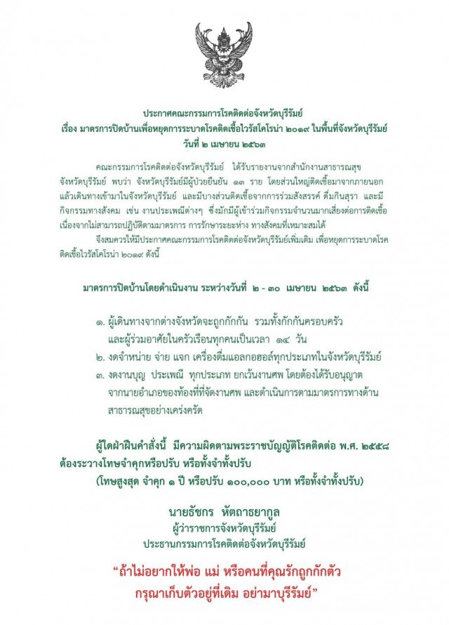 "บุรีรัมย์" ประกาศมาตรการปิดบ้าน ใครฝ่าฝืนจับจริง กักจริง กักทั้งครอบครัว