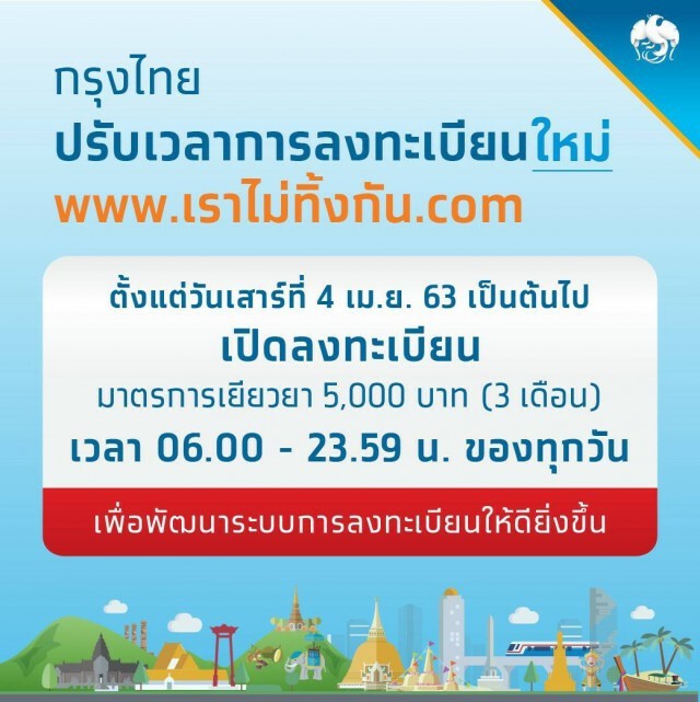 กรุงไทยปรับเวลาลงทะเบียน 'เราไม่ทิ้งกัน' 06.00 - 23.59 น