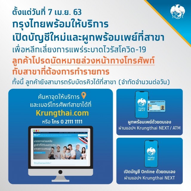 กรุงไทยบริการเปิดบัญชีใหม่-ผูกพร้อมเพย์ที่สาขา เริ่ม 7 เม.ย.นี้