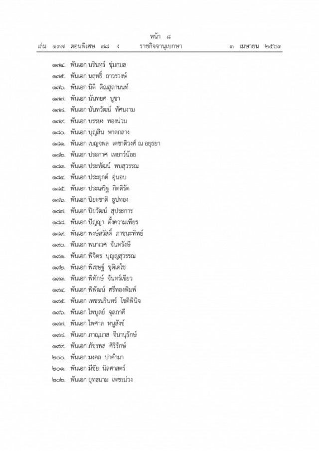 ราชกิจจาฯ เผยแพร่ประกาศแต่งตั้งนายทหารราชองครักษ์และนายตำรวจราชองครักษ์ จำนวน 371 ราย